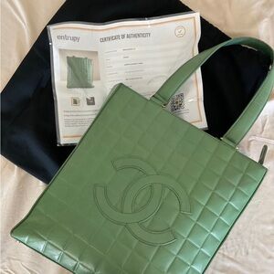 Chanel Green Quilted Leather Tote with Embossed Logo